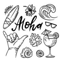 surfing aloha zee reizen hand- getrokken vector illustratie reeks