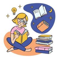 tijd naar lezen onderwijs vrouw leerling leest boek huis leren vector