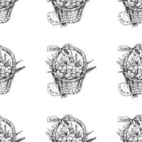 hand getekend naadloos schetsen patroon van een Pasen mand met eieren en bloemen. Pasen vakantie. vector illustratie. wijnoogst stijl.