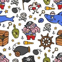 piraat en haai marinier tekenfilm hand- getrokken naadloos patroon vector