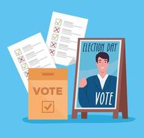 verkiezingsdagviering met kandidaatbanner en stembiljetten vector