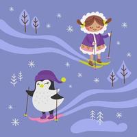 arctisch fantasie winter meisje pinguïn vector illustratie reeks