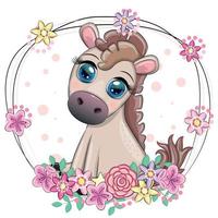 schattig tekenfilm paard, pony voor kaart met bloemen, ballonnen, hart vector