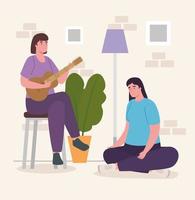 vrouwen spelen gitaar thuis vector design