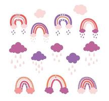 schattig vector pastel regenboog reeks met wolken en druppels en harten