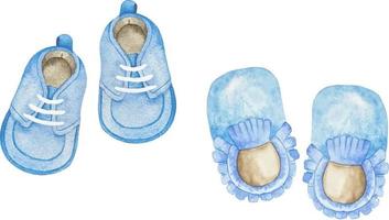 waterverf baby jongen douche set. haar een jongen thema met schoenen. haar een jongen illustratie vector