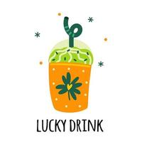 cocktail voor st. Patrick dag. glas met heerlijk drankje, rietje, deksel. een helder papier kop met een Klaver blad voor mooi zo geluk. feestelijk Iers drankje. vlak tekenfilm clip art voor kaarten, affiches, prints vector