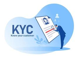 kyc of ken uw klant met een bedrijf dat de identiteit van het concept van zijn klanten verifieert door middel van een vergrootglas vectorillustrator vector