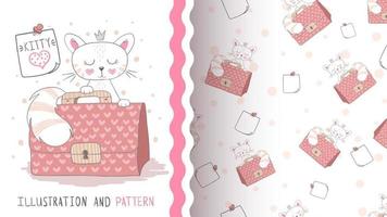 grappige cartoon karakter dierlijke kat met koffer - naadloos patroon vector