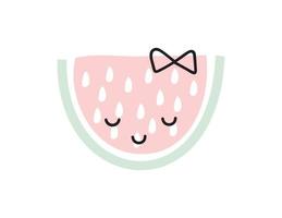 vector watermeloen segment meisje met strik geïsoleerd op wit met zaden. pastelkleuren. schattige tekeningsillustratie voor briefkaart, textiel, wenskaartontwerp, kinderbanner of poster