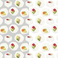 sushi naadloos patroon, Aziatisch voedsel, Japans sushi achtergrond, sushi rollen patroon, japans restaurant achtergrond vector