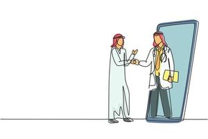 enkele doorlopende lijntekening Arabische mannelijke patiënt handen schudden met mannelijke arts in smartphone met klembord. online medisch consult. dynamische één lijn trekken grafisch ontwerp vectorillustratie vector