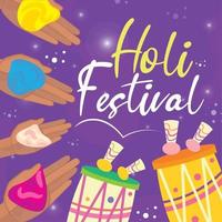 gekleurde holi festival poster met drums en handen met poeder vector illustratie