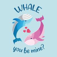 vector paar walvis tekens tekenfilm illustratie. schattig walvis liefhebbend elk anderen. zullen u worden de mijne woordspeling. reeks van tekens voor Valentijn dag kaart.