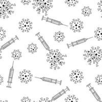 illustratie van een injectiespuit met een vaccin dat vernietigt de moleculen van de covid - 19 virus. vector zwart en wit illustratie.