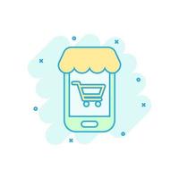 online boodschappen doen icoon in grappig stijl. smartphone op te slaan vector tekenfilm illustratie Aan wit geïsoleerd achtergrond. markt bedrijf concept plons effect.