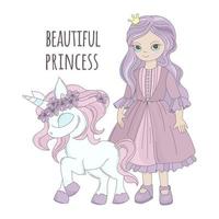 eenhoorn prinses meisje met kroon tekenfilm vector illustratie reeks