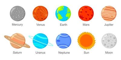 zonne- systeem planeten, zon en maan pictogrammen. universum elementen set. kinderen planetair vector