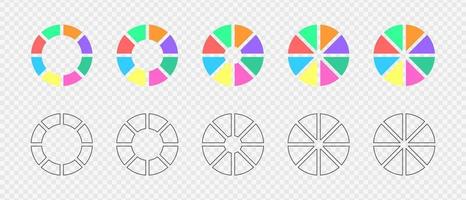 donut grafieken set. cirkel diagrammen verdeeld in 8 secties in vlak en grafisch variaties. infographic wielen, bezig met laden bars, ronde vormen besnoeiing in acht Gelijk onderdelen vector