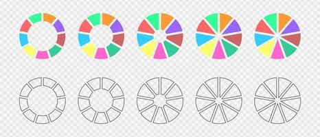 schets donut grafieken of taarten gescheiden Aan 9 Gelijk onderdelen. reeks van infographic wielen gesegmenteerd in negen fracties. ronde diagrammen vector