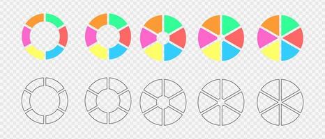 reeks van donut grafieken gesegmenteerd Aan 6 Gelijk onderdelen. infographic wielen verdeeld in zes gekleurde en grafisch secties. cirkel diagrammen of bezig met laden bars vector