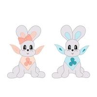 konijntjes jongen en meisje. blauw en oranje vector illustratie van baby konijnen, hazen in tekening stijl.
