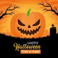 gelukkige halloween-banner met enge pompoen op begraafplaats vector