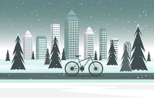 gezellige besneeuwde winters tafereel in stad met gebouwen, bomen en fietsen vector