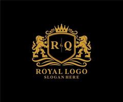 eerste rq brief leeuw Koninklijk luxe logo sjabloon in vector kunst voor restaurant, royalty, boetiek, cafe, hotel, heraldisch, sieraden, mode en andere vector illustratie.