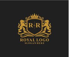 eerste rr brief leeuw Koninklijk luxe logo sjabloon in vector kunst voor restaurant, royalty, boetiek, cafe, hotel, heraldisch, sieraden, mode en andere vector illustratie.