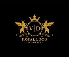 eerste vd brief leeuw Koninklijk luxe heraldisch, wapen logo sjabloon in vector kunst voor restaurant, royalty, boetiek, cafe, hotel, heraldisch, sieraden, mode en andere vector illustratie.