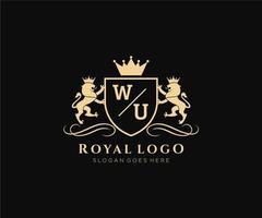 eerste wu brief leeuw Koninklijk luxe heraldisch, wapen logo sjabloon in vector kunst voor restaurant, royalty, boetiek, cafe, hotel, heraldisch, sieraden, mode en andere vector illustratie.