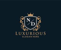 eerste nd brief Koninklijk luxe logo sjabloon in vector kunst voor restaurant, royalty, boetiek, cafe, hotel, heraldisch, sieraden, mode en andere vector illustratie.