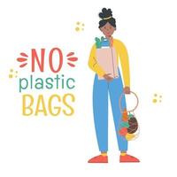 nul verspilling concept illustratie. een vrouw Afrikaanse Amerikaans met herbruikbaar Tassen. uitdrukking Nee plastic Tassen. vector