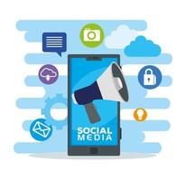 social media iconen en smartphoneapparaat vector