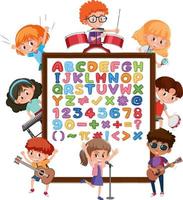 alfabet az en wiskundige symbolen op een bord met veel kinderen stripfiguur vector
