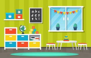 kleurrijke kleuterschool of basisschool klas met bureaus en speelgoed illustratie vector