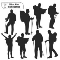 vector verzameling van mannetje wandelaar in bergen silhouetten in verschillend poses
