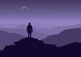 silhouet van een Mens Aan de berg klif Bij nacht, vector illustratie.