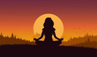 silhouet platte cartoon stijl vrouw meditatie of yoga in de natuur. concept vector illustratie gezonde levensstijl.