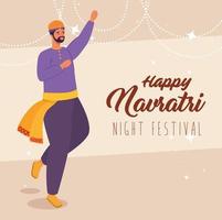 gelukkige navratri viering poster met man dansen vector