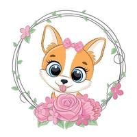 schattige zomer babyhond met bloem krans. vector illustratie