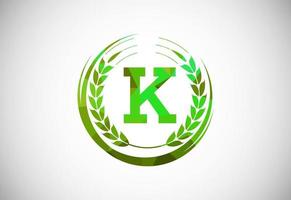 alfabet k teken met een tarwe lauwerkrans. veelhoekige laag poly biologisch tarwe landbouw logo concept. landbouw logo ontwerp vector sjabloon.