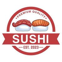 modern vector vlak ontwerp gemakkelijk minimalistische schattig logo sjabloon van sushi sashimi voor merk winkel, cafe, restaurant, bar, embleem, label, kenteken. geïsoleerd Aan wit achtergrond. retro cirkel insigne icoon.