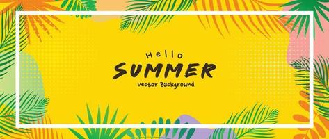 Hallo zomer achtergrond vector. kleurrijk levendig behang met tropisch oerwoud exotisch planten, palm bladeren, halftone textuur. gelukkig zomertijd ontwerp voor poster, omslag, banier, advertenties, sociaal media. vector