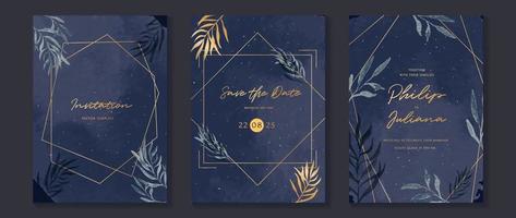 luxe bruiloft uitnodiging kaart achtergrond vector. gouden meetkundig kader met waterverf botanisch blad Afdeling en gouden sneeuw textuur. ontwerp illustratie voor bruiloft en vip Hoes sjabloon, spandoek. vector