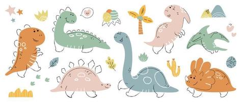 schattig dinosaurussen vector set. hand- getrokken tekening triceratopen, stegosaurus, tyrannosaurus, diplodocus, pterosauriër. dinosaurus grappig karakter ontwerp voor kinderen, afdrukken, kleren, poster, opleiding, edutainment.