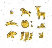 vrolijk Kerstmis symbolen beker, paard, hert, konijn, hoed, handschoen, stoppen, auto, boom, vogel, eekhoorn, sokken tekening in grafisch stijl Aan wit achtergrond vector