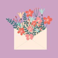 boeket van bloemen in een envelop. mooi voorjaar botanisch illustratie in vlak stijl. vector bloemen illustratie voor moeder dag en vrouwen dag. schattig illustratie voor afdrukken, posters en kaarten.