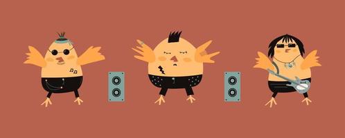 schattig rocker vogels. reeks van grappig vogels. vector illustratie met geïsoleerd roze achtergrond. vogel patroon voor textiel. grappig papegaaien. vogelstand muzikanten.